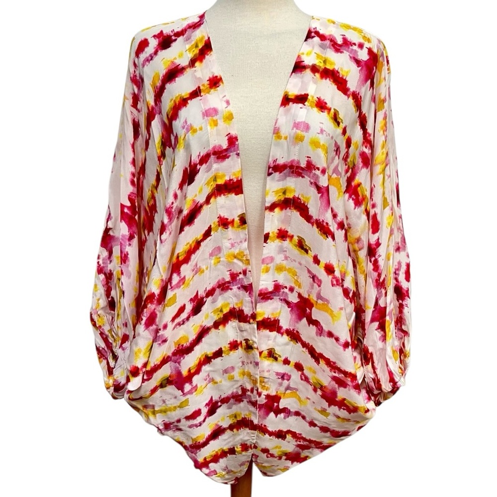 Anthropologie Fuschia Pink, Off White and Yellow Open Front Kaftan Robe One Size